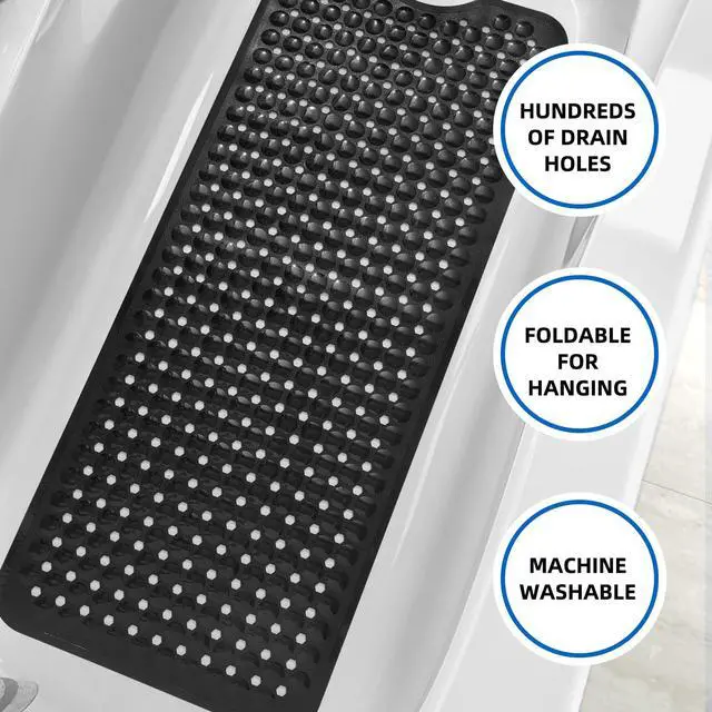 Alt view image 5 of 7 - Bath Tub and Shower Mats, Non-Slip 39 x 16 Inch Extra Long Bath Mat, Machine Washable Bathtub Mat with Drain Holes, Suction Cups for Bathroom (Black)