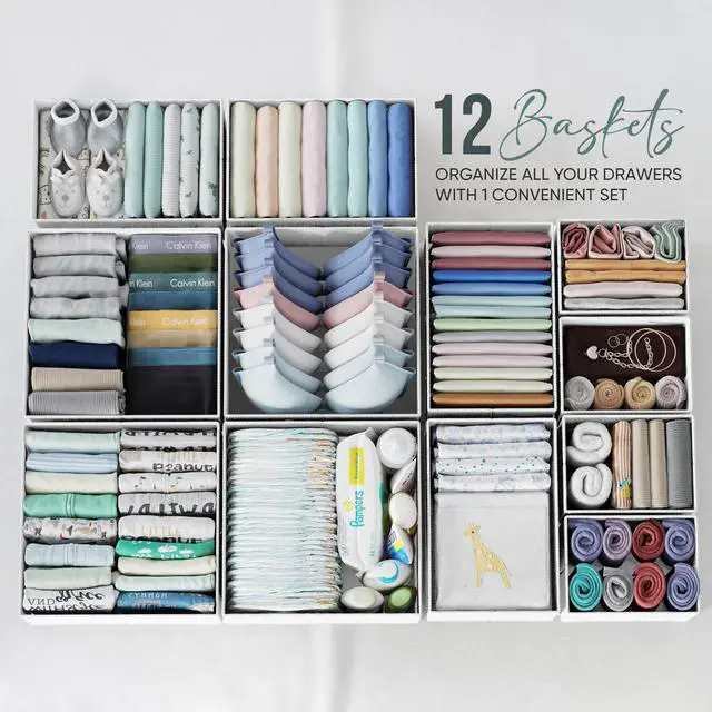 Alt view image 4 of 6 - Drawer Organizer Clothes Set of 12 White-Grey - Dresser Organizer For Nursery, Bedroom, Closet - Perfect Baby Clothes Organizer and Storage & General Nursery Organization or Dresser Drawer Organizers