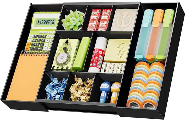 Main image of Expandable Desk Drawer Organizer, Clear Plastic Drawer Organizer Tray with 10 Adjustable Compartments, Desk Organizers and Accessories, 5 Drawer Dividers for Office Supplies, Makeup(Black)