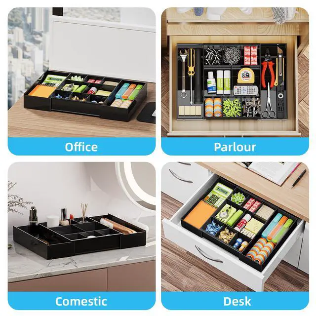 Alt view image 5 of 7 - Expandable Desk Drawer Organizer, Clear Plastic Drawer Organizer Tray with 10 Adjustable Compartments, Desk Organizers and Accessories, 5 Drawer Dividers for Office Supplies, Makeup(Black)
