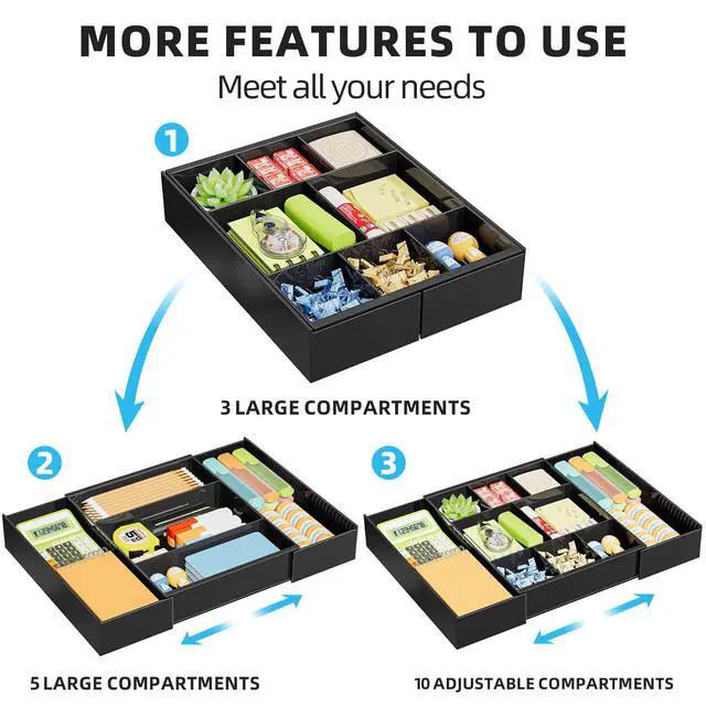 Alt view image 4 of 7 - Expandable Desk Drawer Organizer, Clear Plastic Drawer Organizer Tray with 10 Adjustable Compartments, Desk Organizers and Accessories, 5 Drawer Dividers for Office Supplies, Makeup(Black)