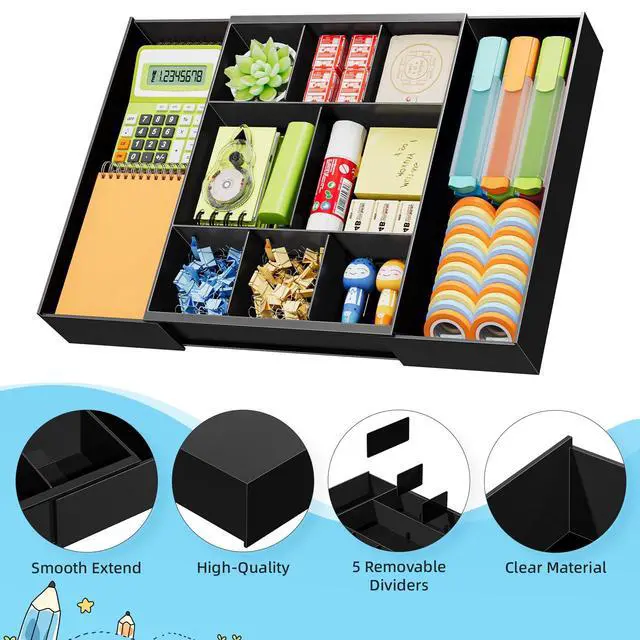 Alt view image 6 of 7 - Expandable Desk Drawer Organizer, Clear Plastic Drawer Organizer Tray with 10 Adjustable Compartments, Desk Organizers and Accessories, 5 Drawer Dividers for Office Supplies, Makeup(Black)