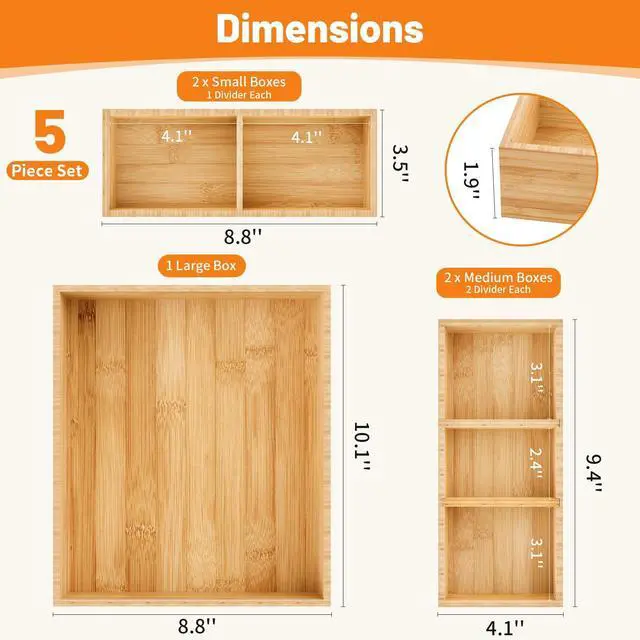Alt view image 2 of 4 - Bamboo Drawer Organizer, 5-Piece Stackable Trays with Removable Dividers