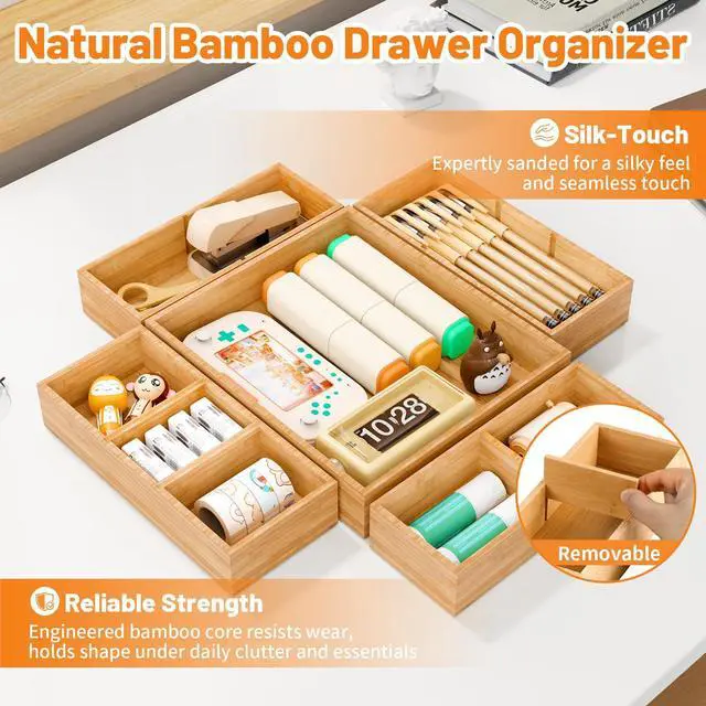 Alt view image 3 of 4 - Bamboo Drawer Organizer, 5-Piece Stackable Trays with Removable Dividers