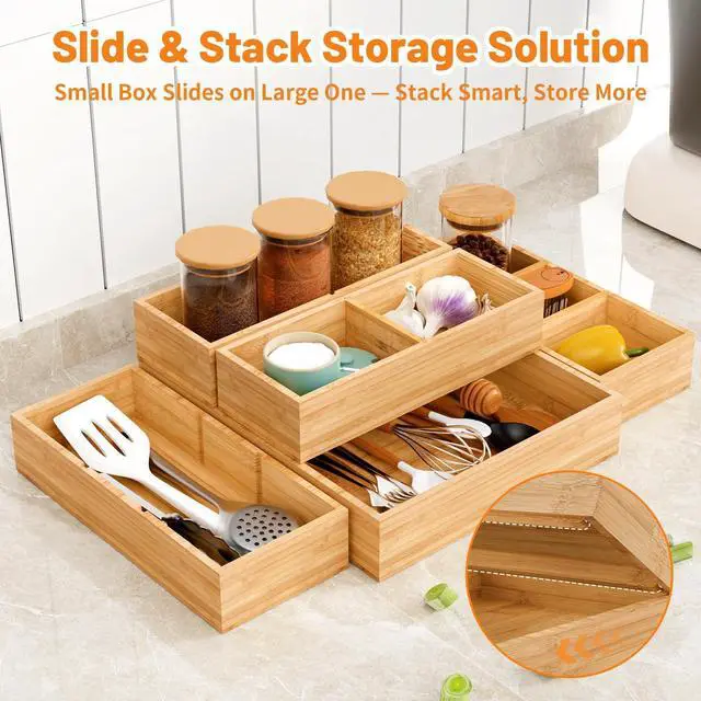 Alt view image 4 of 4 - Bamboo Drawer Organizer, 5-Piece Stackable Trays with Removable Dividers