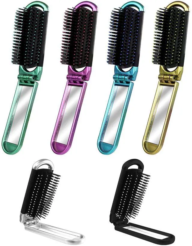 Main image of 6 PCS Folding Travel Hairbrush Set with Compact Mirror for Women - Mini Pocket Brush with Mirror for Purse and Girls