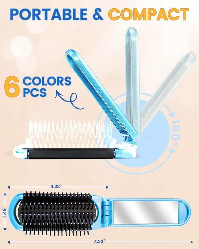Alt view image 2 of 6 - 6 PCS Folding Travel Hairbrush Set with Compact Mirror for Women - Mini Pocket Brush with Mirror for Purse and Girls