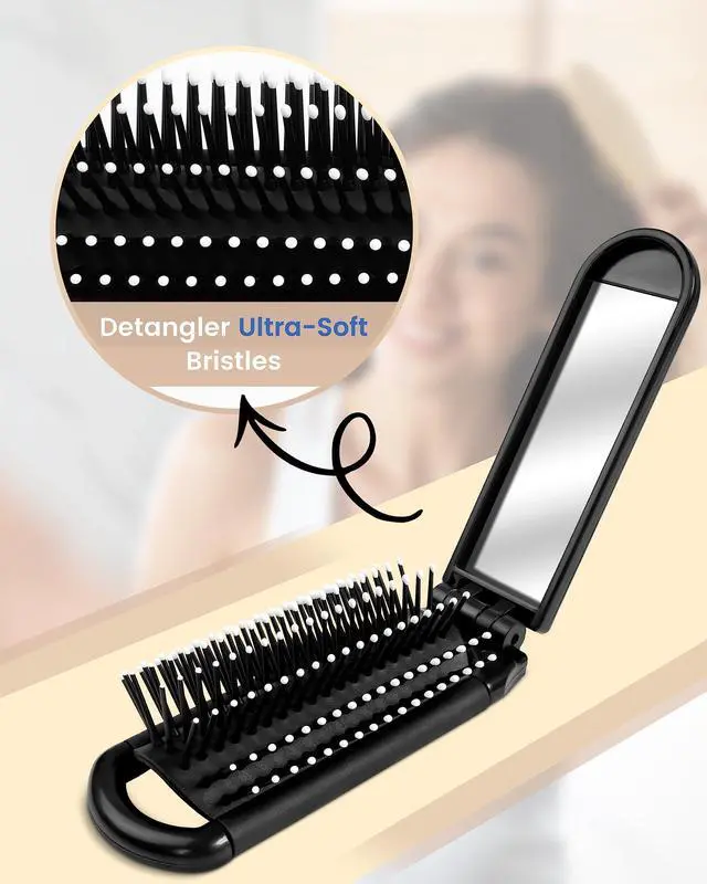 Alt view image 5 of 6 - 6 PCS Folding Travel Hairbrush Set with Compact Mirror for Women - Mini Pocket Brush with Mirror for Purse and Girls