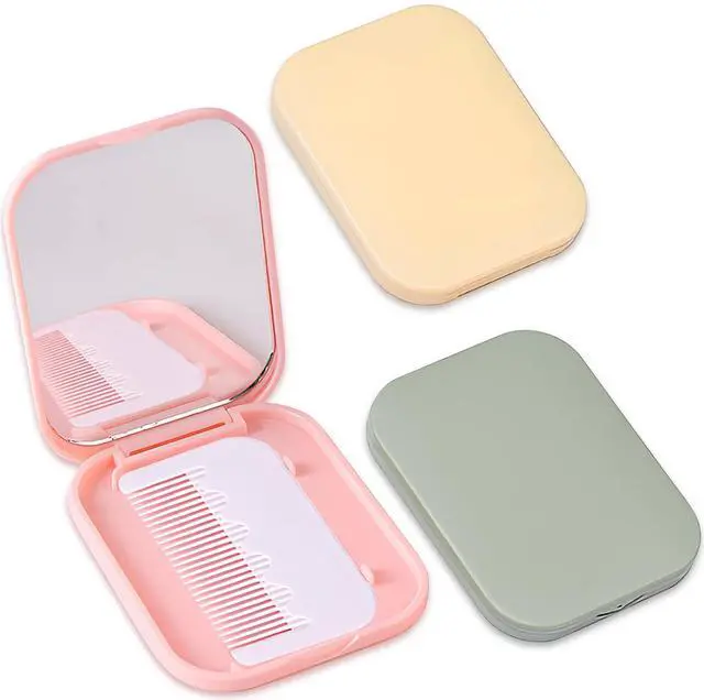 Main image of Folding Compact Pocket Mirror and Comb Set, Creative Kawaii Customized Portable Makeup Mirror, Ideal for Kids and Travel, Pink+green+yellow, J5051