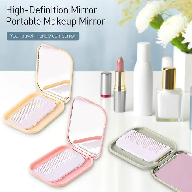 Alt view image 2 of 7 - Folding Compact Pocket Mirror and Comb Set, Creative Kawaii Customized Portable Makeup Mirror, Ideal for Kids and Travel, Pink+green+yellow, J5051