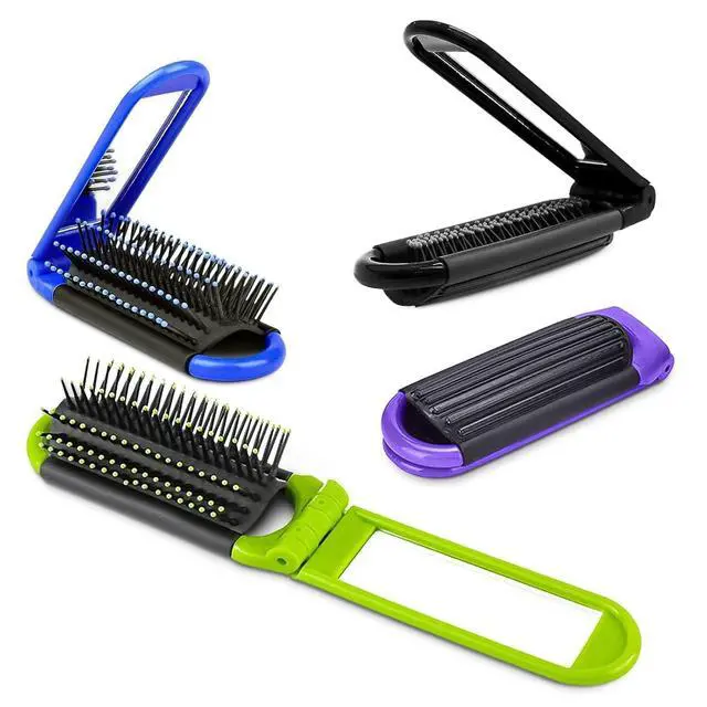 Main image of 4 Pcs Folding Travel Hair Brush for Purse with Mirror, (4 Colors)