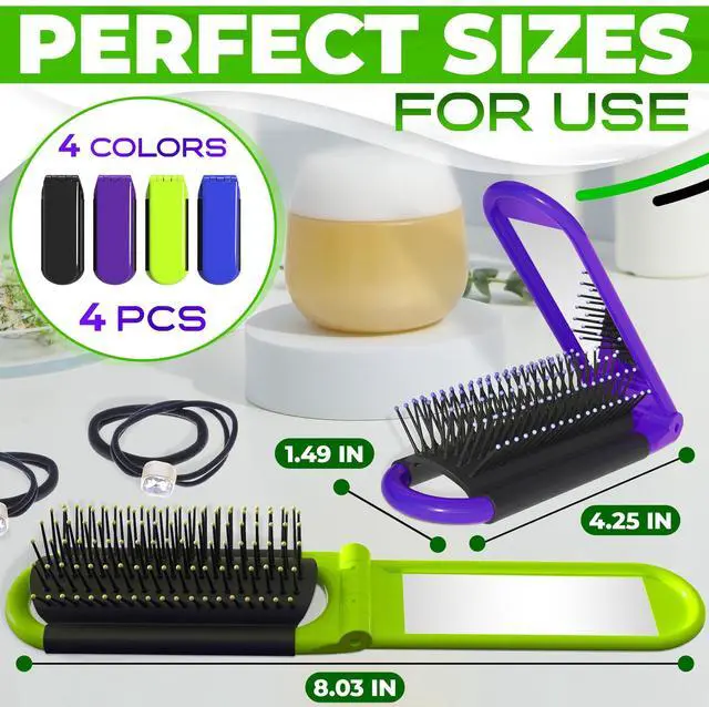 Alt view image 2 of 7 - 4 Pcs Folding Travel Hair Brush for Purse with Mirror, (4 Colors)