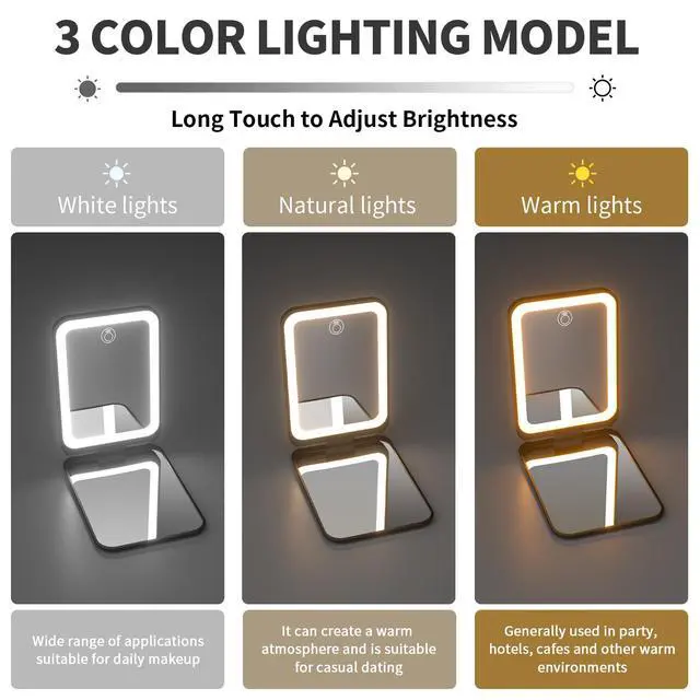 Alt view image 6 of 7 - 1X/3X Pocket Mirror, 3 Color Lighting LED Compact Mirror (Black)
