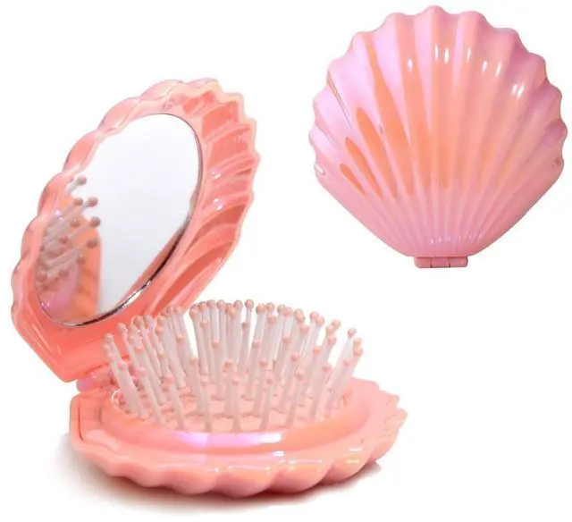 Main image of Metallic Shinning Finish Foldable Travel Hair Brushes with Mirror Shell Shape Portable Folding Pocket Hair Brush Mini Hair Comb Compact Size Hair Massage Comb (Pink)