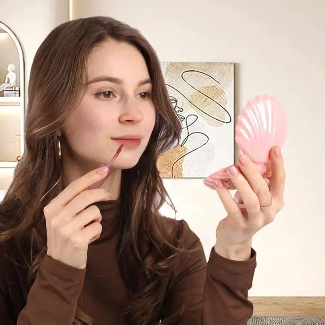 Alt view image 2 of 7 - Metallic Shinning Finish Foldable Travel Hair Brushes with Mirror Shell Shape Portable Folding Pocket Hair Brush Mini Hair Comb Compact Size Hair Massage Comb (Pink)