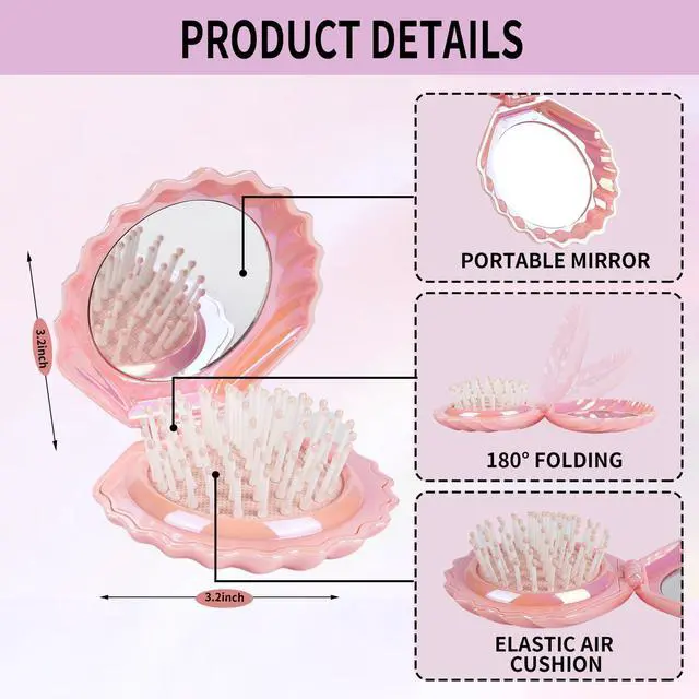 Alt view image 3 of 7 - Metallic Shinning Finish Foldable Travel Hair Brushes with Mirror Shell Shape Portable Folding Pocket Hair Brush Mini Hair Comb Compact Size Hair Massage Comb (Pink)