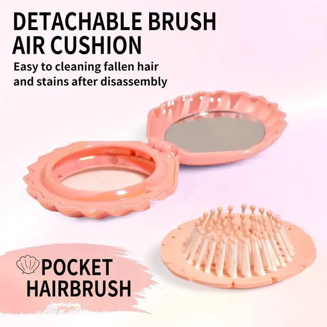 Alt view image 5 of 7 - Metallic Shinning Finish Foldable Travel Hair Brushes with Mirror Shell Shape Portable Folding Pocket Hair Brush Mini Hair Comb Compact Size Hair Massage Comb (Pink)