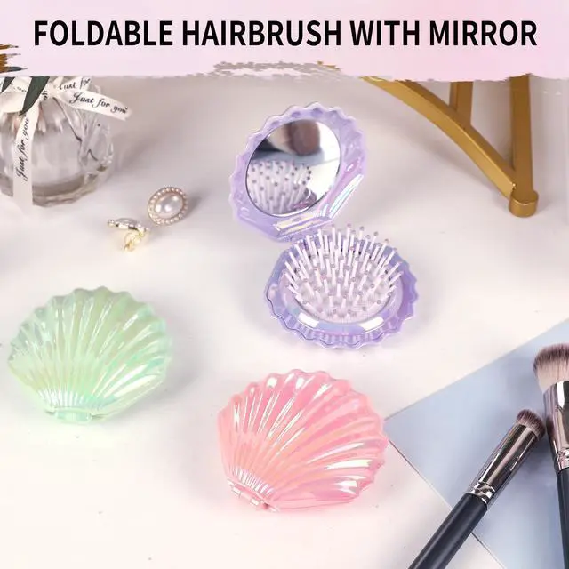 Alt view image 7 of 7 - Metallic Shinning Finish Foldable Travel Hair Brushes with Mirror Shell Shape Portable Folding Pocket Hair Brush Mini Hair Comb Compact Size Hair Massage Comb (Pink)