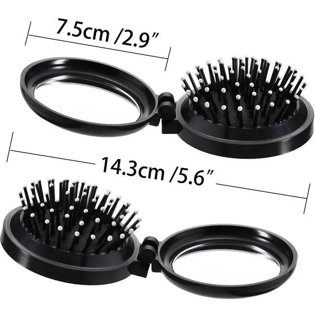 Alt view image 2 of 7 - 2 Pack Foldable Travel Hair Brush Pocket Mirror, Black, Round
