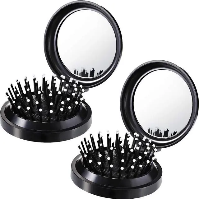 Main image of 2 Pack Foldable Travel Hair Brush Pocket Mirror, Black, Round