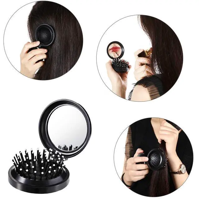 Alt view image 4 of 7 - 2 Pack Foldable Travel Hair Brush Pocket Mirror, Black, Round