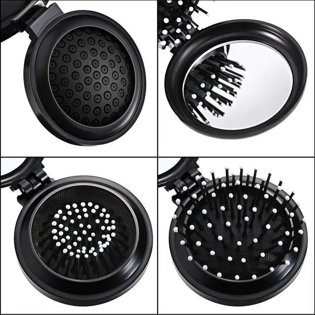 Alt view image 5 of 7 - 2 Pack Foldable Travel Hair Brush Pocket Mirror, Black, Round
