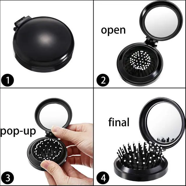 Alt view image 7 of 7 - 2 Pack Foldable Travel Hair Brush Pocket Mirror, Black, Round