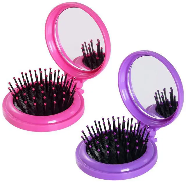 Main image of 2pcs Folding Travel Mirror Hair Brushes Round Mirror Pocket Hair Brush Portable Mini Pop Up Hair Brushes for Women Girls Wet and Dry Hair