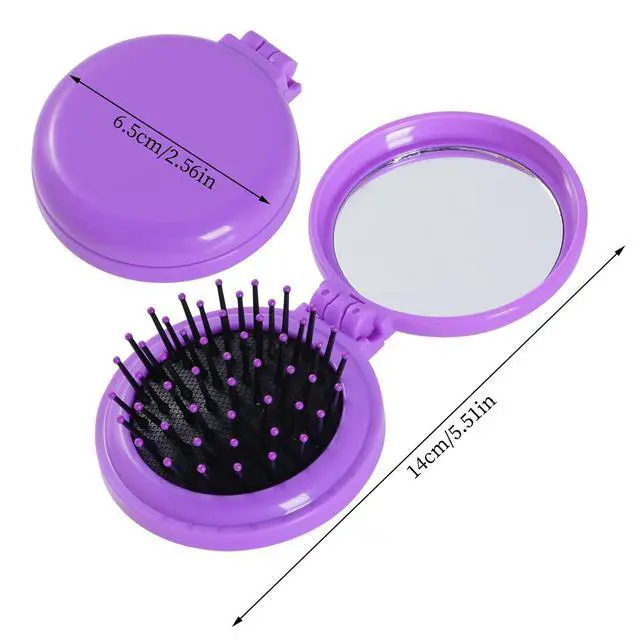 Alt view image 2 of 7 - 2pcs Folding Travel Mirror Hair Brushes Round Mirror Pocket Hair Brush Portable Mini Pop Up Hair Brushes for Women Girls Wet and Dry Hair