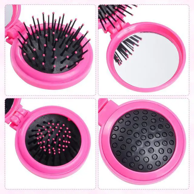 Alt view image 3 of 7 - 2pcs Folding Travel Mirror Hair Brushes Round Mirror Pocket Hair Brush Portable Mini Pop Up Hair Brushes for Women Girls Wet and Dry Hair