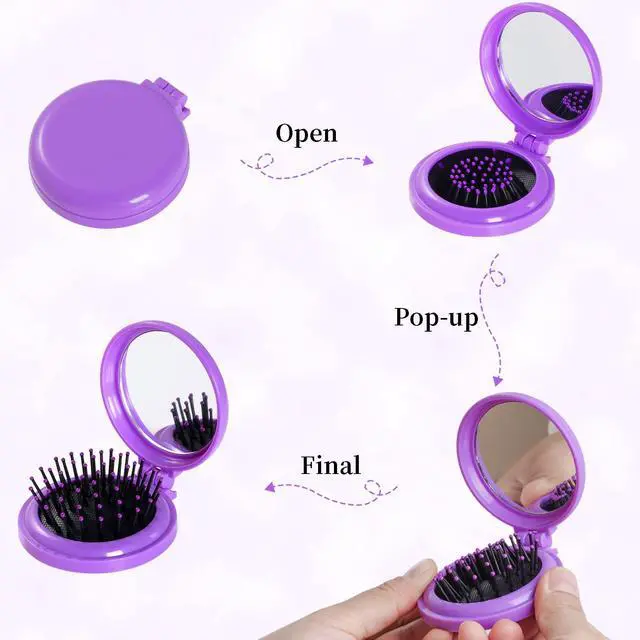 Alt view image 4 of 7 - 2pcs Folding Travel Mirror Hair Brushes Round Mirror Pocket Hair Brush Portable Mini Pop Up Hair Brushes for Women Girls Wet and Dry Hair