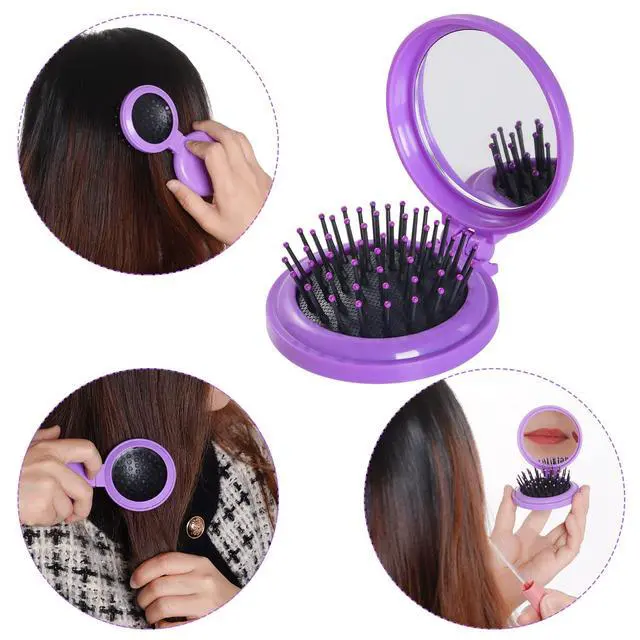 Alt view image 5 of 7 - 2pcs Folding Travel Mirror Hair Brushes Round Mirror Pocket Hair Brush Portable Mini Pop Up Hair Brushes for Women Girls Wet and Dry Hair
