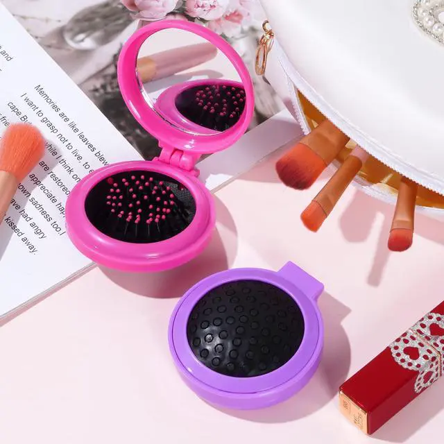 Alt view image 6 of 7 - 2pcs Folding Travel Mirror Hair Brushes Round Mirror Pocket Hair Brush Portable Mini Pop Up Hair Brushes for Women Girls Wet and Dry Hair