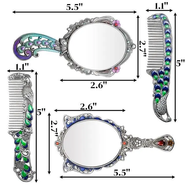 Alt view image 2 of 7 - 4 Piece Vintage Mirror Comb Set, Decorative Peacock Butterfly Shape