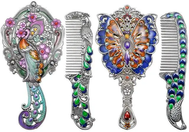 Main image of 4 Piece Vintage Mirror Comb Set, Decorative Peacock Butterfly Shape