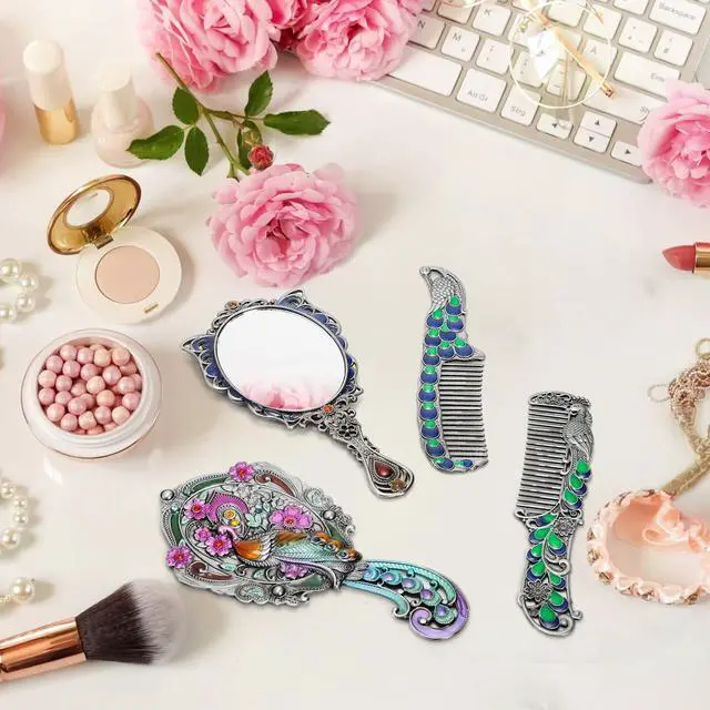 Alt view image 7 of 7 - 4 Piece Vintage Mirror Comb Set, Decorative Peacock Butterfly Shape