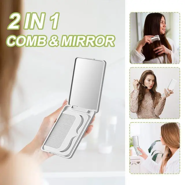 Alt view image 2 of 7 - Protable Folding Mirror with Case, Compact Travel Mirror with Hair Comb for Purse Bag, Small Pocket Makeup Mirror for Women Girls,Easy to Carry(White)
