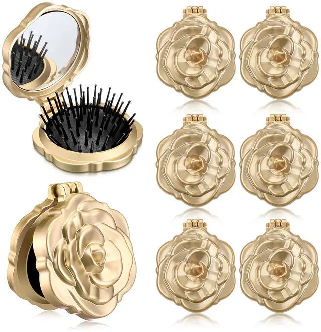 Main image of 6 Pcs Rose Travel Brush for Women Mini Compact Purse Hair Brush with Mirror Wedding Bridal Bachelorette Favor Portable Pocket Mirror Folding Comb for Hairstyle Birthday Gift(Champagne Gold)
