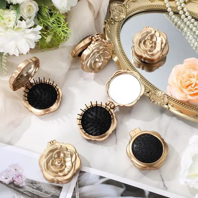 Alt view image 2 of 7 - 6 Pcs Rose Travel Brush for Women Mini Compact Purse Hair Brush with Mirror Wedding Bridal Bachelorette Favor Portable Pocket Mirror Folding Comb for Hairstyle Birthday Gift(Champagne Gold)