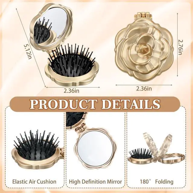 Alt view image 3 of 7 - 6 Pcs Rose Travel Brush for Women Mini Compact Purse Hair Brush with Mirror Wedding Bridal Bachelorette Favor Portable Pocket Mirror Folding Comb for Hairstyle Birthday Gift(Champagne Gold)