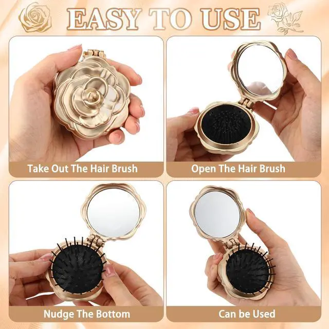 Alt view image 4 of 7 - 6 Pcs Rose Travel Brush for Women Mini Compact Purse Hair Brush with Mirror Wedding Bridal Bachelorette Favor Portable Pocket Mirror Folding Comb for Hairstyle Birthday Gift(Champagne Gold)