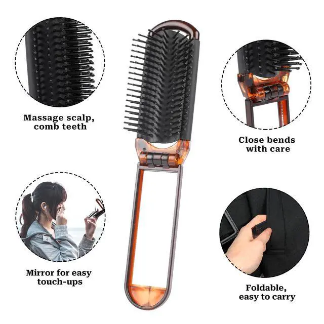 Alt view image 4 of 7 - Compact Folding Hair Brush with Mirror, 2-Pack Portable Travel Comb and Mini Hair Brush Set for Women, Gym, Trips, Purse, and Swimming