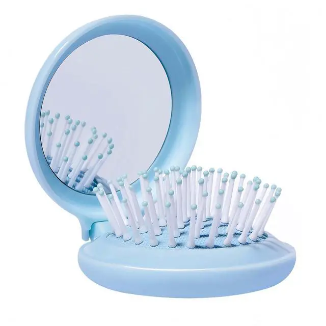 Main image of Travel Hairbrush and Mirror Set for Women, Folding Brush with Compact Mirror for Purse or Backpack, Cute Baby Blue Gift