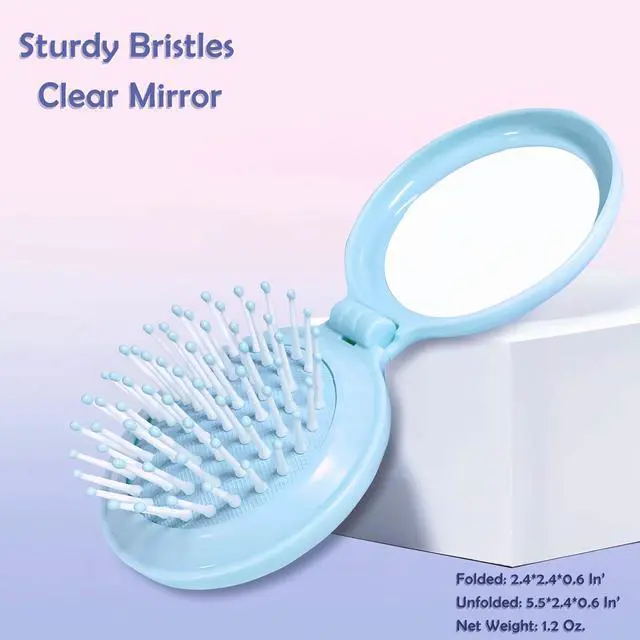 Alt view image 4 of 6 - Travel Hairbrush and Mirror Set for Women, Folding Brush with Compact Mirror for Purse or Backpack, Cute Baby Blue Gift