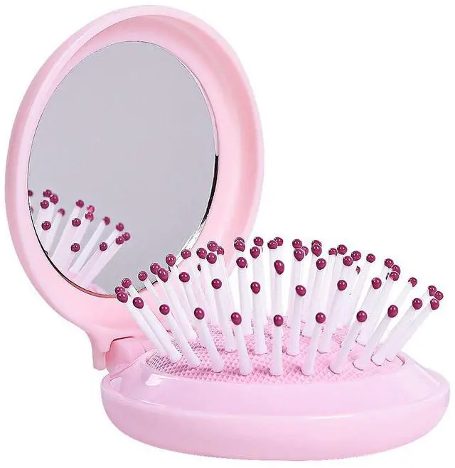 Main image of Mini Folding Hair Brush with Mirror, Compact Pop up Pocket Brush, Small Travel Size Flip Hair Brush for PurseBackpack,Pink