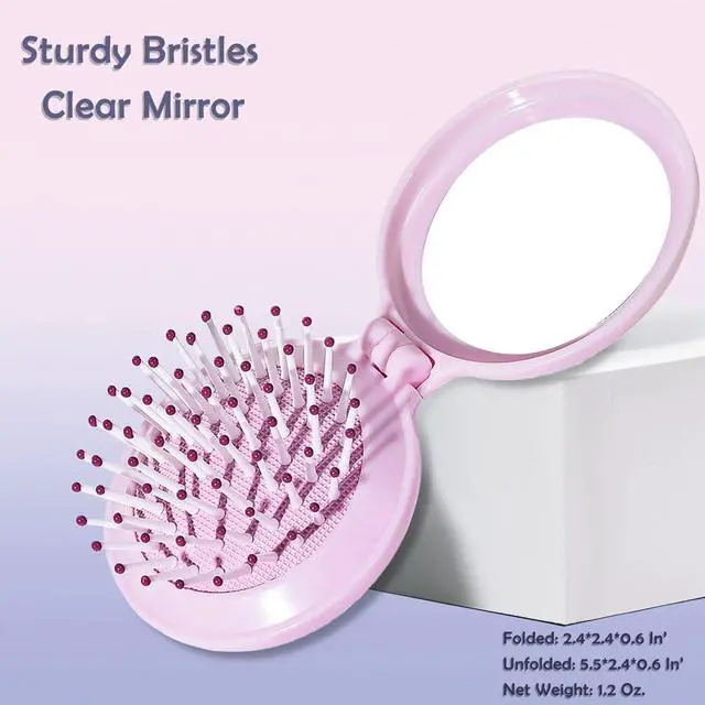 Alt view image 2 of 6 - Mini Folding Hair Brush with Mirror, Compact Pop up Pocket Brush, Small Travel Size Flip Hair Brush for PurseBackpack,Pink