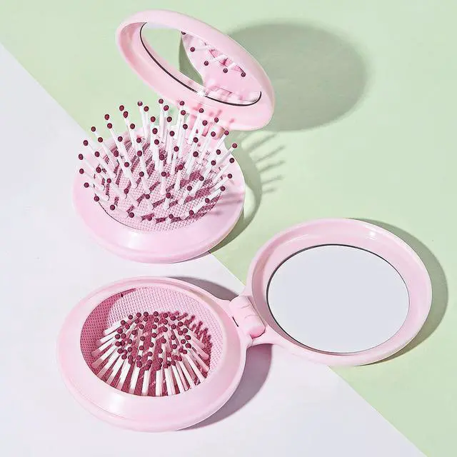 Alt view image 4 of 6 - Mini Folding Hair Brush with Mirror, Compact Pop up Pocket Brush, Small Travel Size Flip Hair Brush for PurseBackpack,Pink