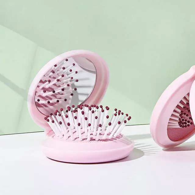 Alt view image 5 of 6 - Mini Folding Hair Brush with Mirror, Compact Pop up Pocket Brush, Small Travel Size Flip Hair Brush for PurseBackpack,Pink