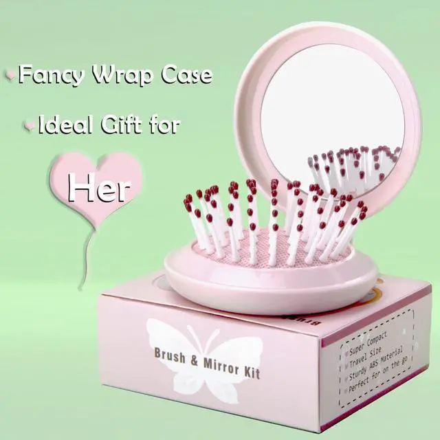 Alt view image 6 of 6 - Mini Folding Hair Brush with Mirror, Compact Pop up Pocket Brush, Small Travel Size Flip Hair Brush for PurseBackpack,Pink