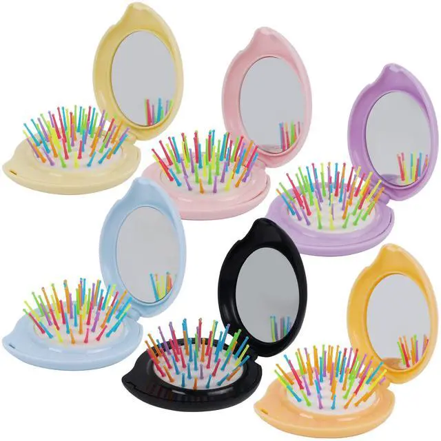 Main image of 6 Pcs Travel Hair Brush, Pocket Comb with Mini Mirror, Portable Compact Folding Hair Brushes, Comb and Brush Set for Women